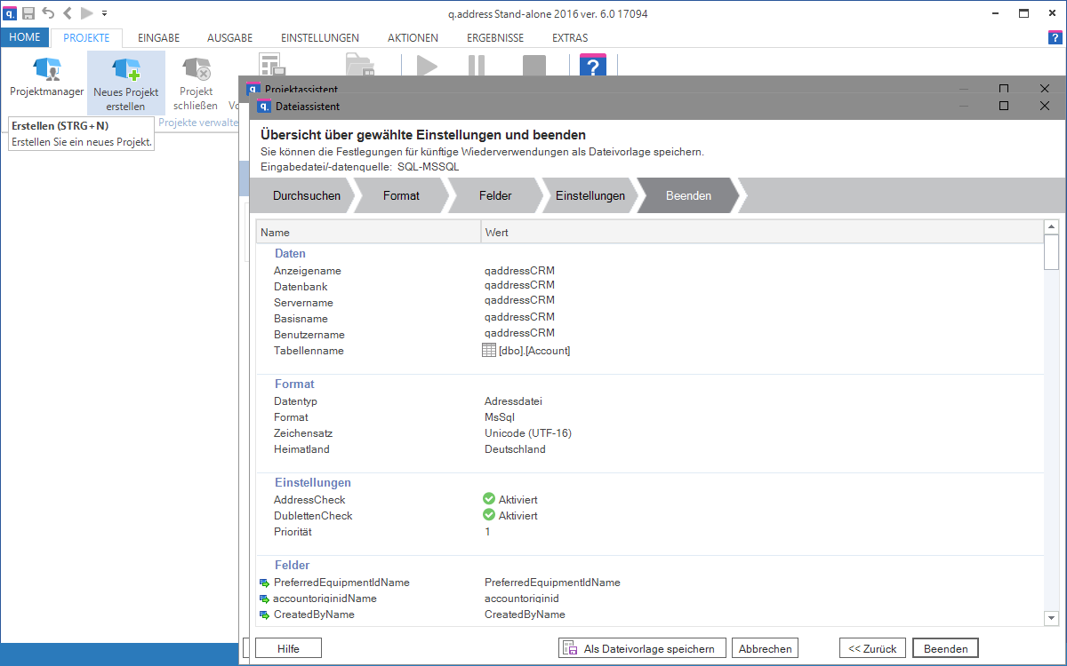 00080 CRM Project Uebersicht Gewaehlte Einstellungen